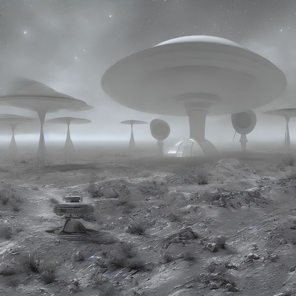 Monochrome surreal alien landscape with mushroom structures and UFO in misty, starry setting