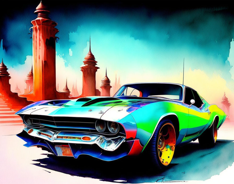 Colorful Watercolor Painting of Classic Muscle Car Against Abstract Architectural Backdrop