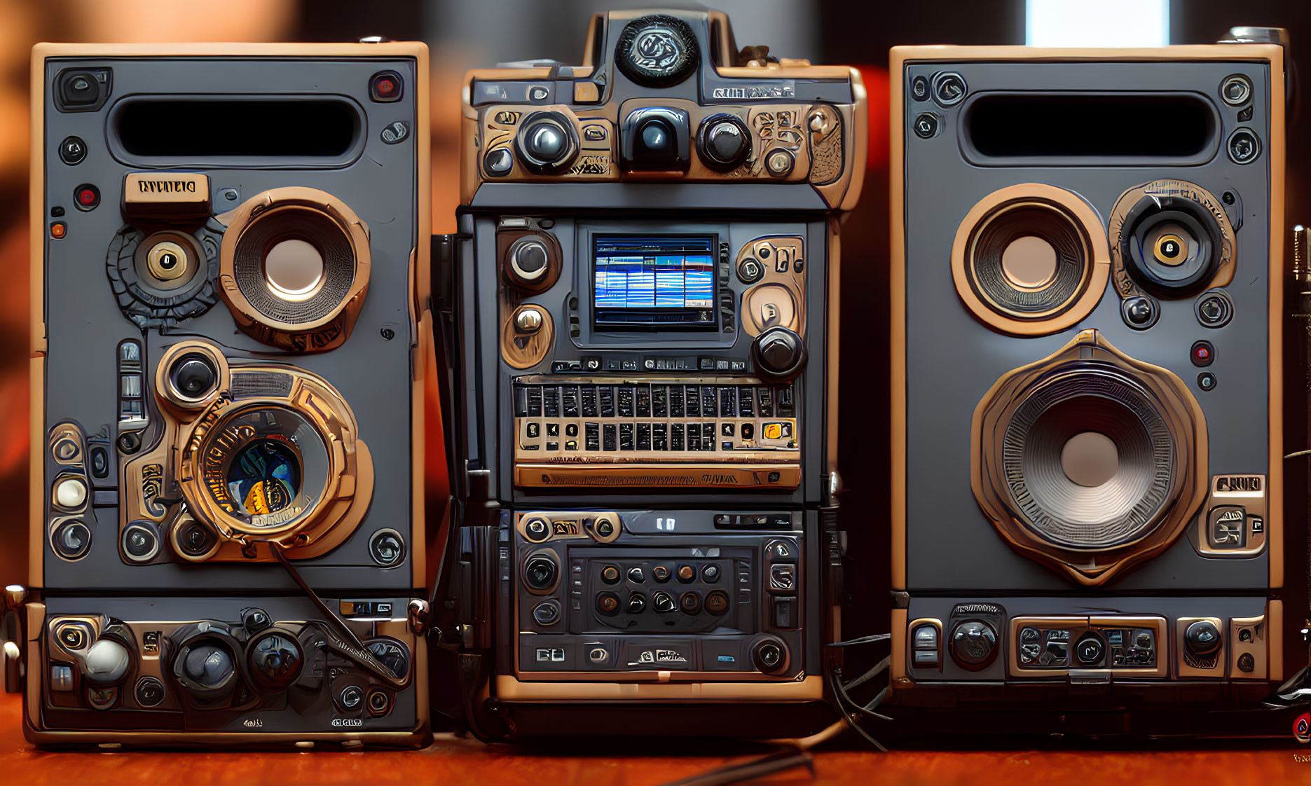 Vintage-style high-tech audio system with dials, screens, speakers, and colorful sound levels.