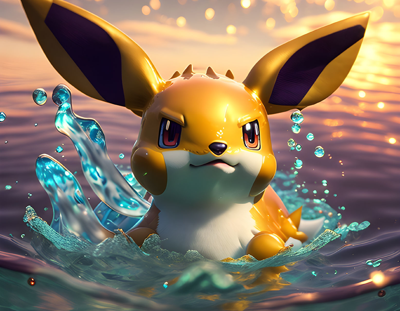 3D animation of a determined Eevee splashing in water