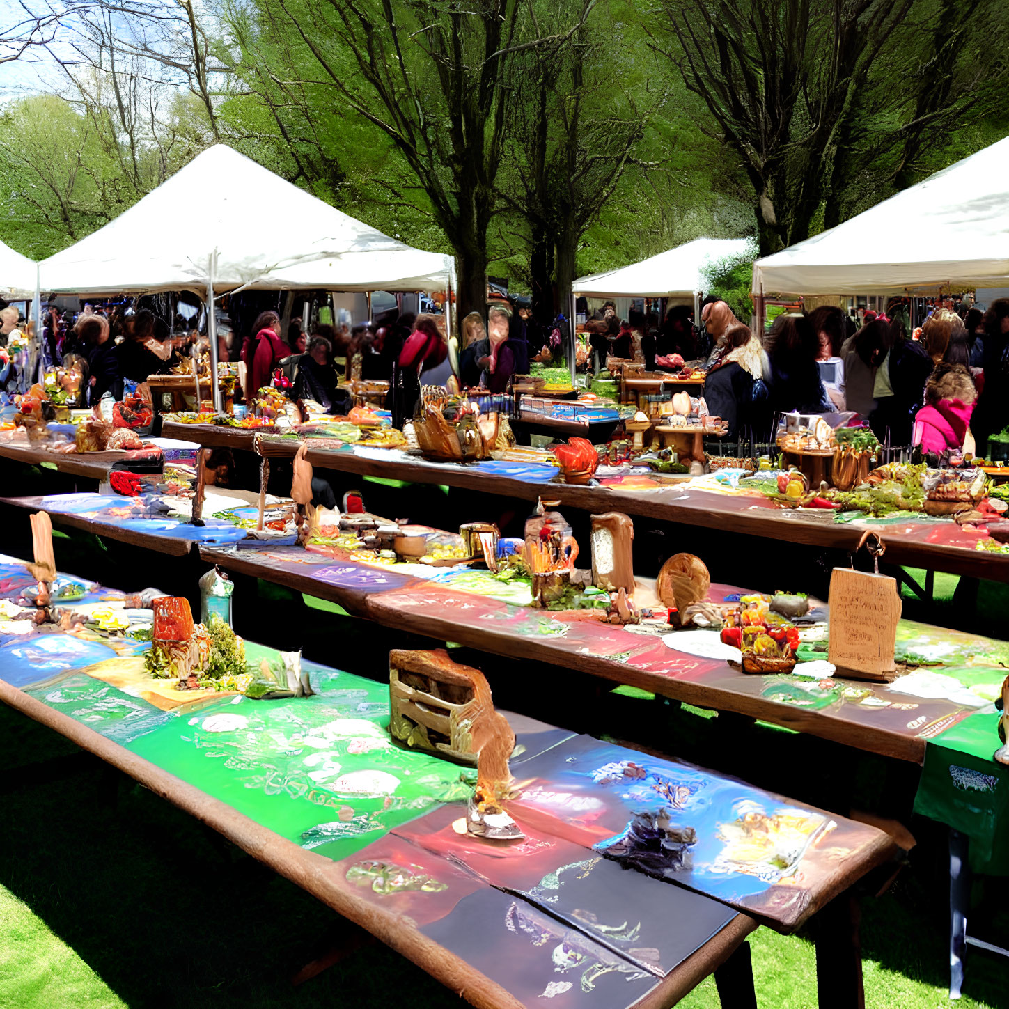 Vibrant items on tables at outdoor market in park setting