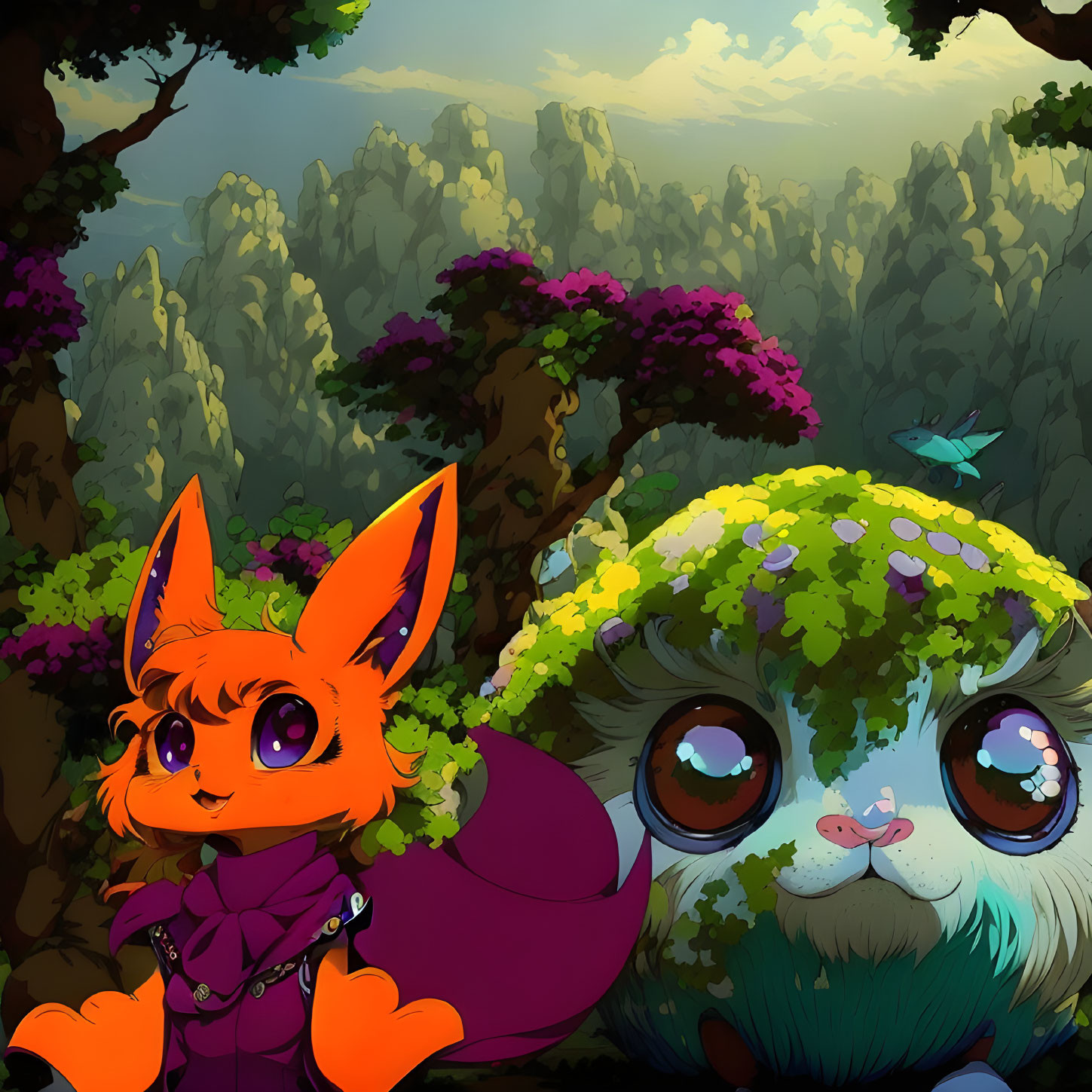 Colorful forest scene with whimsical creatures: large-eyed bushy creature and fox-like character with purple