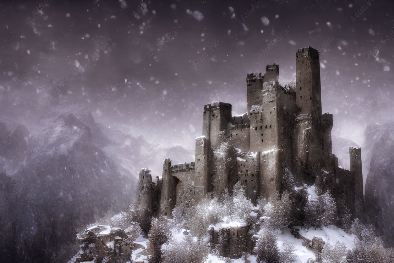Medieval castle on snowy mountain cliff in misty setting