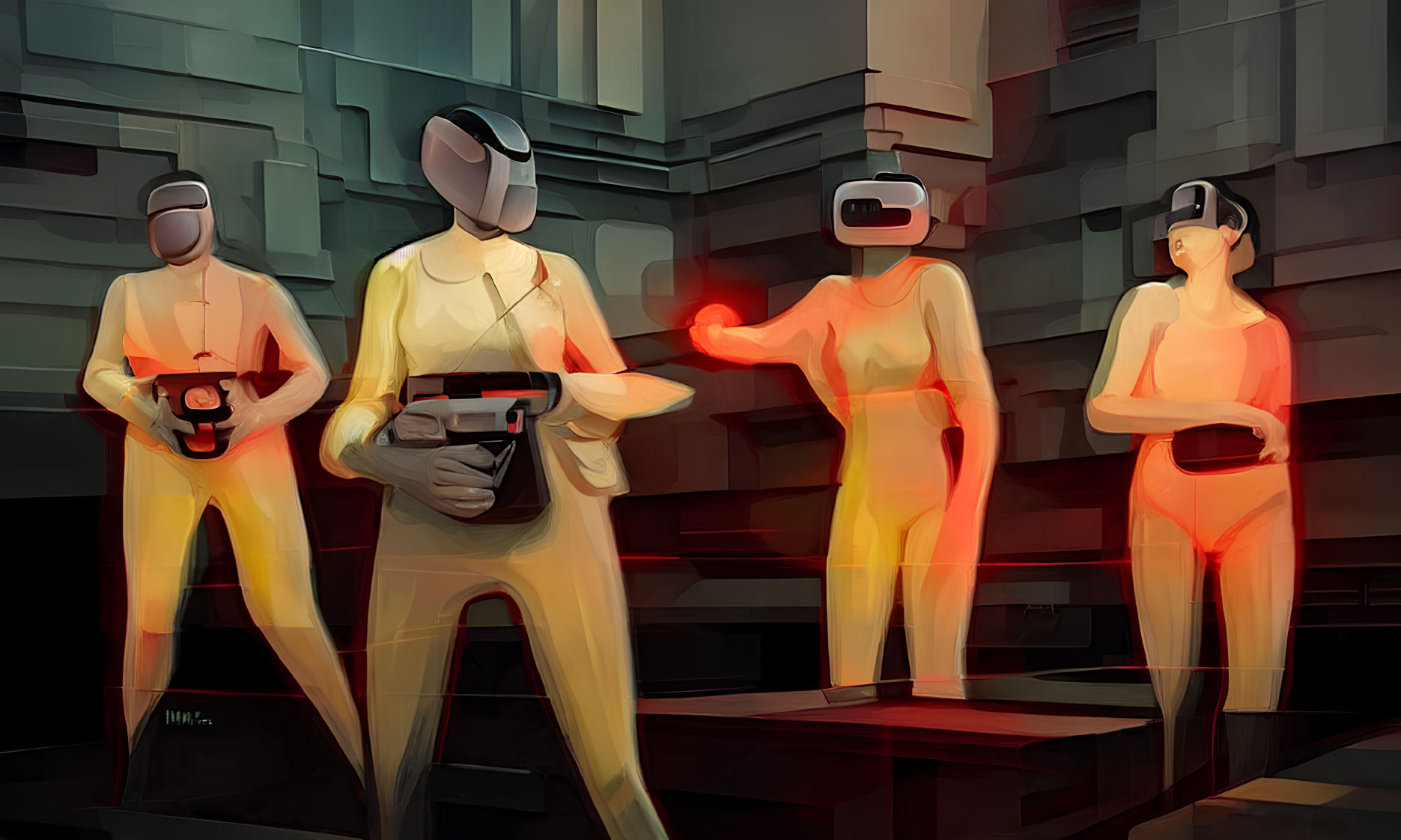 Four stylized figures in VR headsets with controllers in abstract room