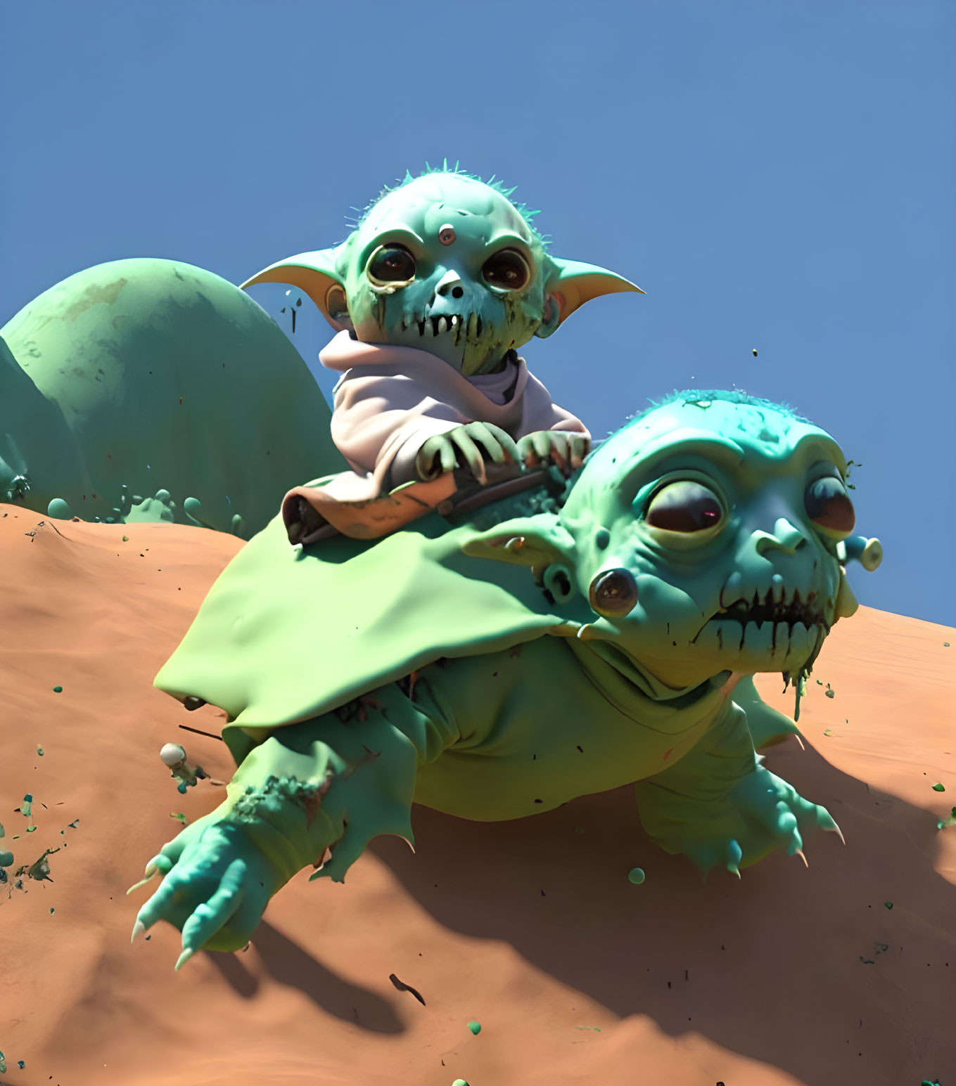 Green cartoon creatures riding with drool against blue sky