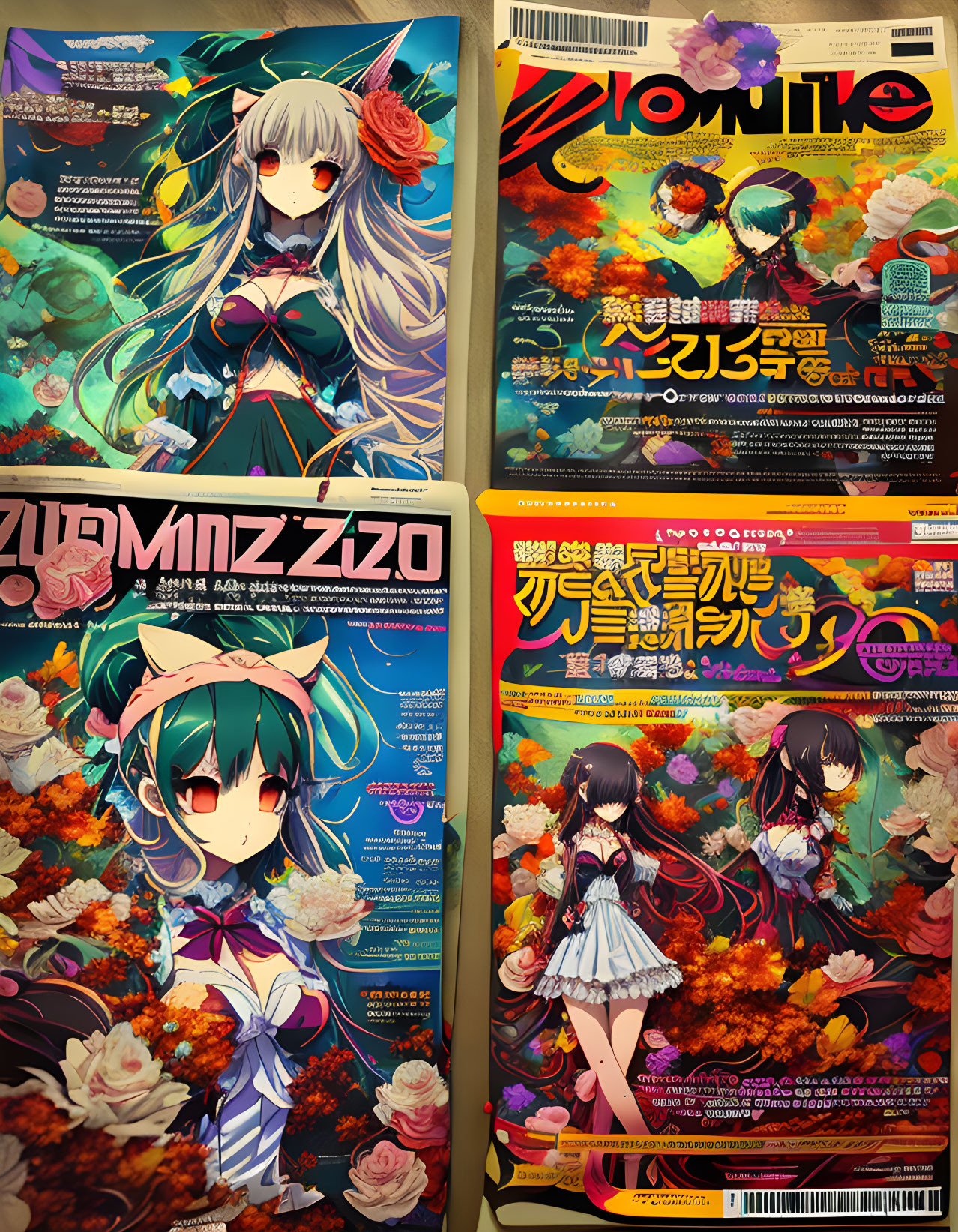 Vibrant anime magazine covers: female characters with stylized hair and elaborate costumes, surrounded by floral