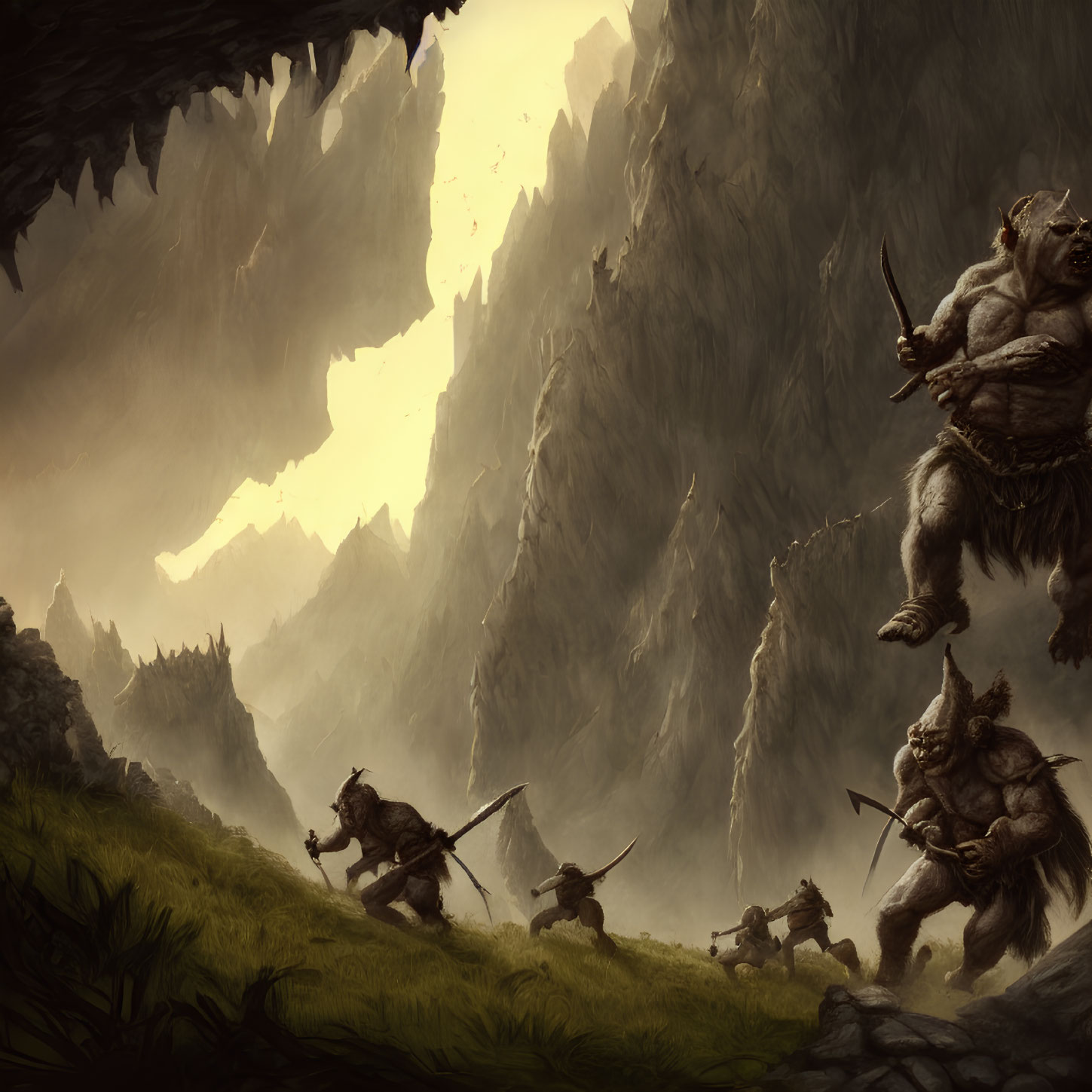 Armored warriors battle menacing trolls in rugged mountain landscape