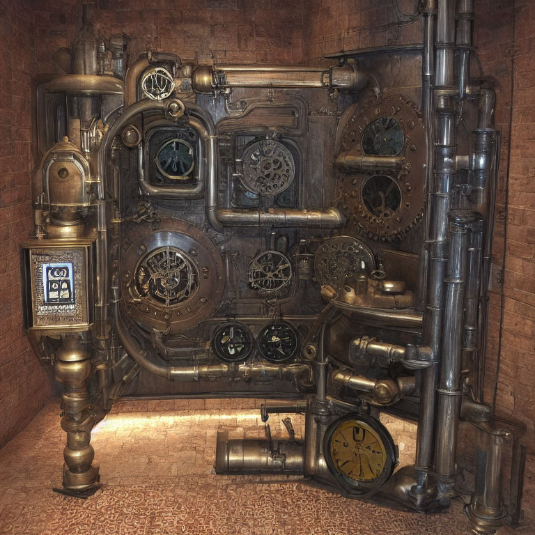 Steampunk-inspired wall decor with metal pipes, gauges, and clock on floor