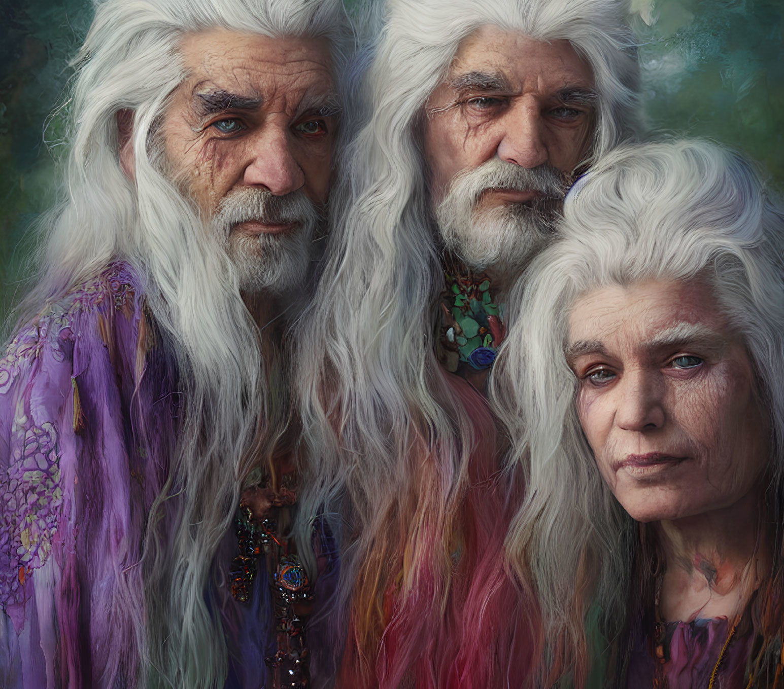 Elderly wizards with long white hair and colorful robes