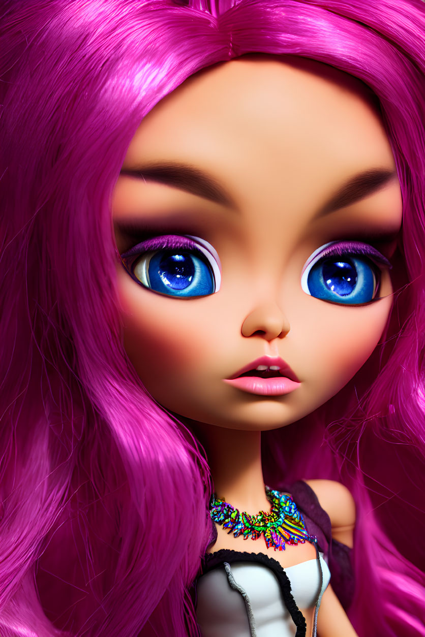 Close-up of doll with purple hair, blue eyes, and colorful necklace