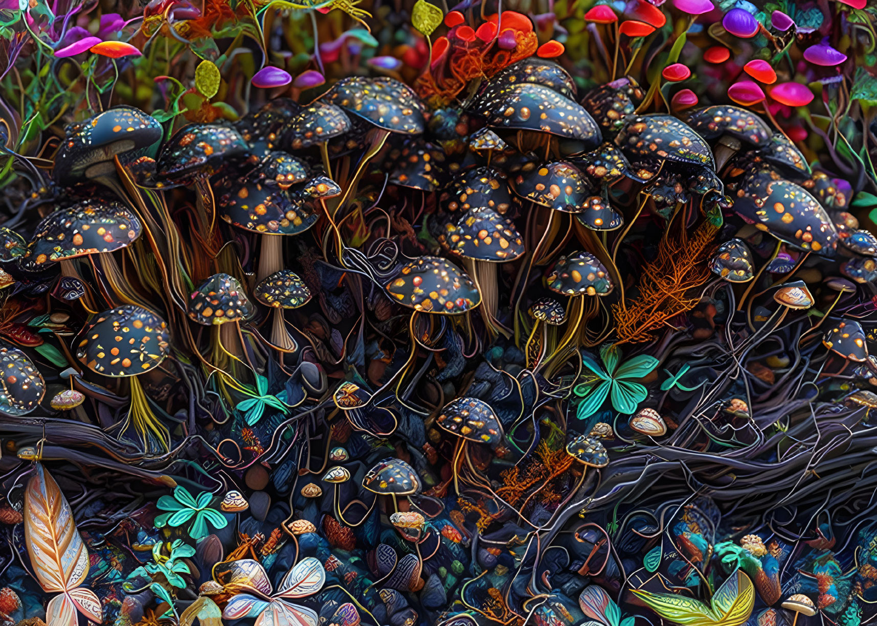 Detailed Illustration: Fantastical Mushroom Forest with Vibrant Flora on Dark Background