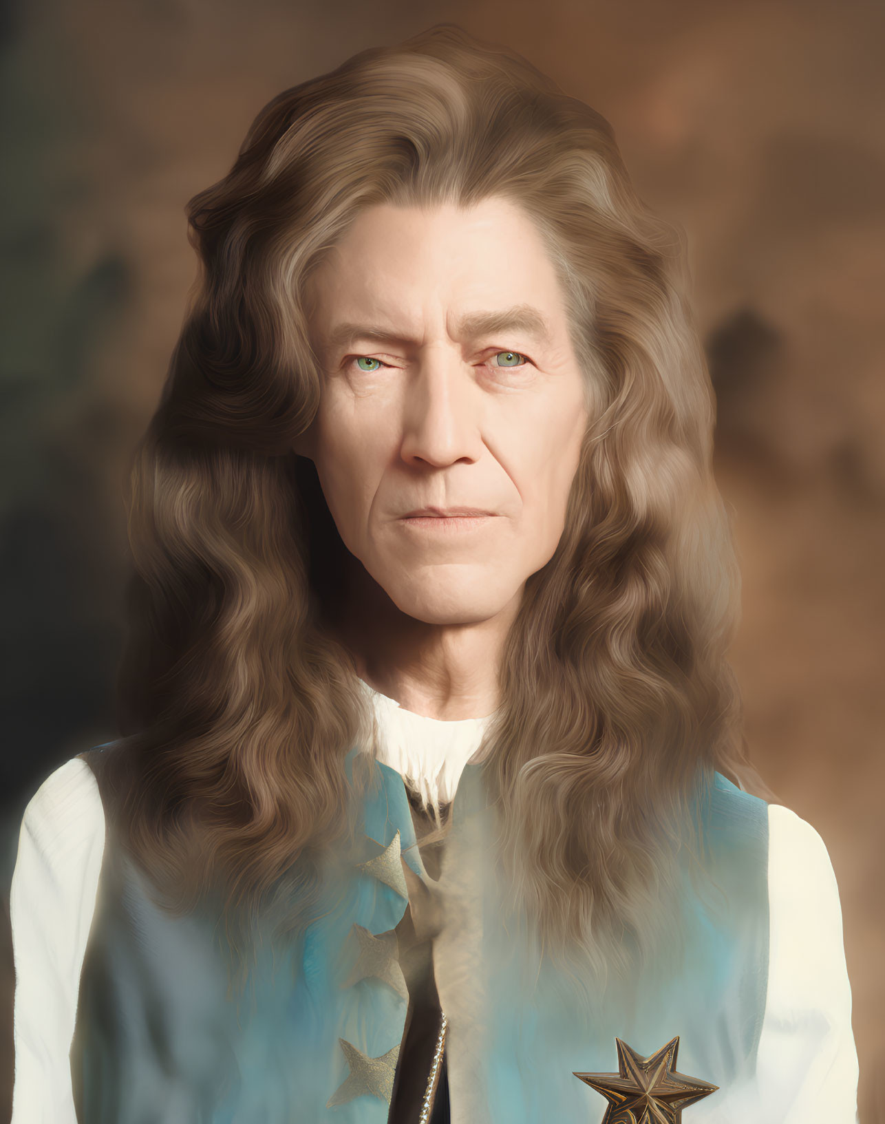 Portrait of a man with long wavy hair and green eyes in blue vest and white collar