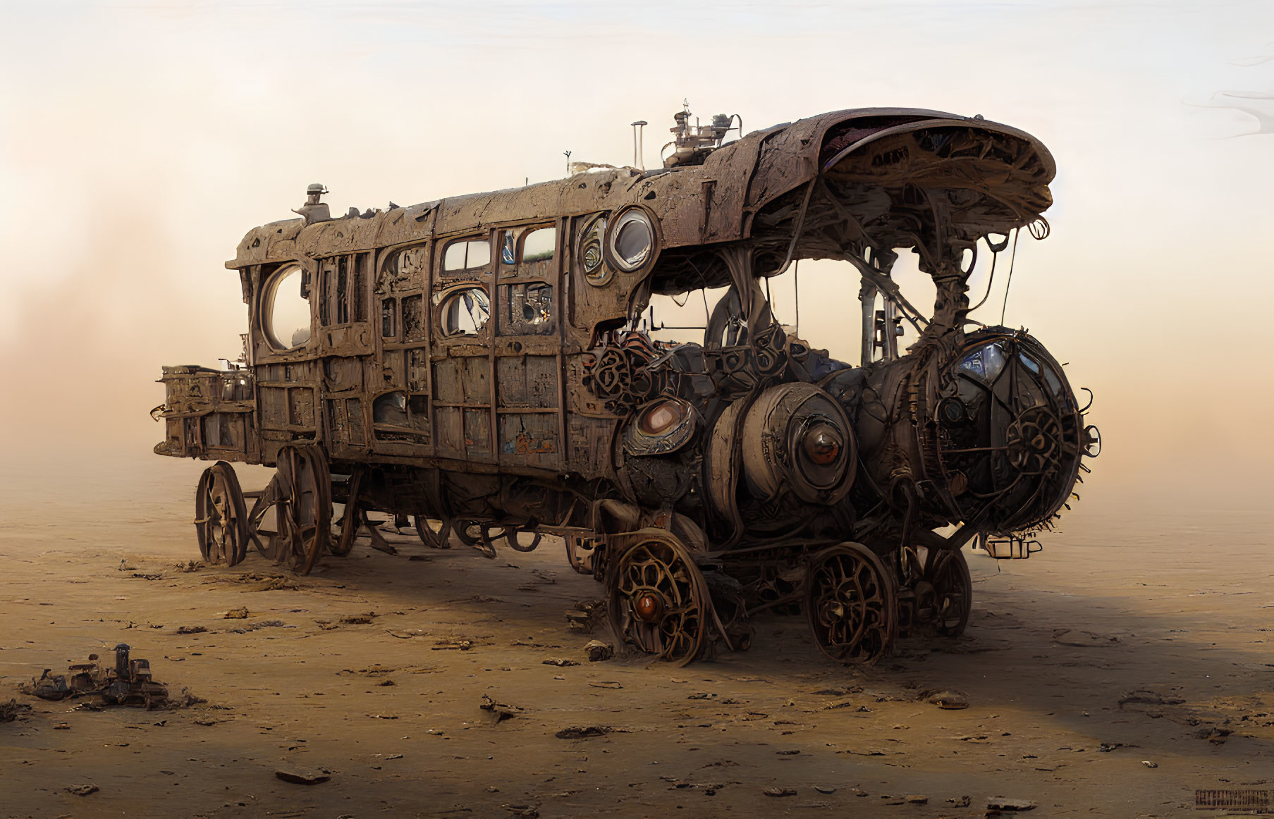 Vintage steampunk locomotive in post-apocalyptic sandy landscape
