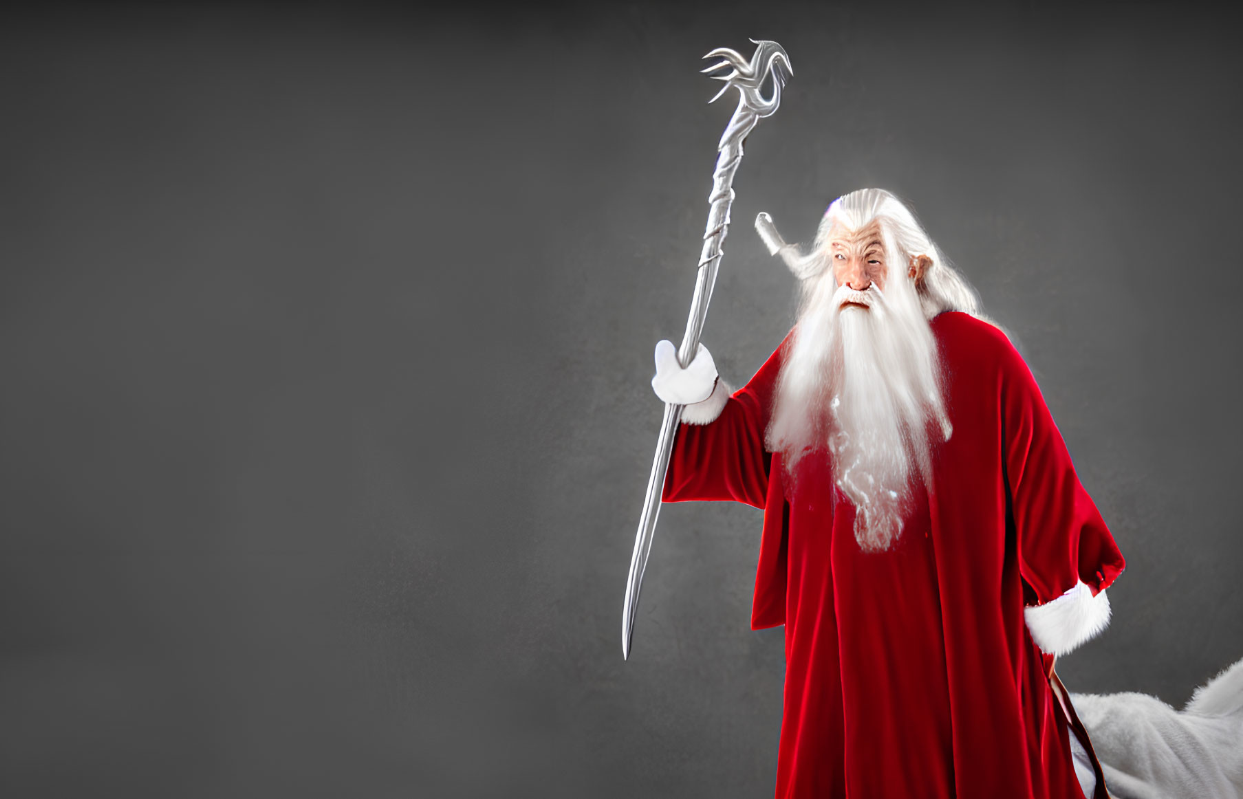 Elderly Man in Red Cloak with White Winged Horse on Gray Background