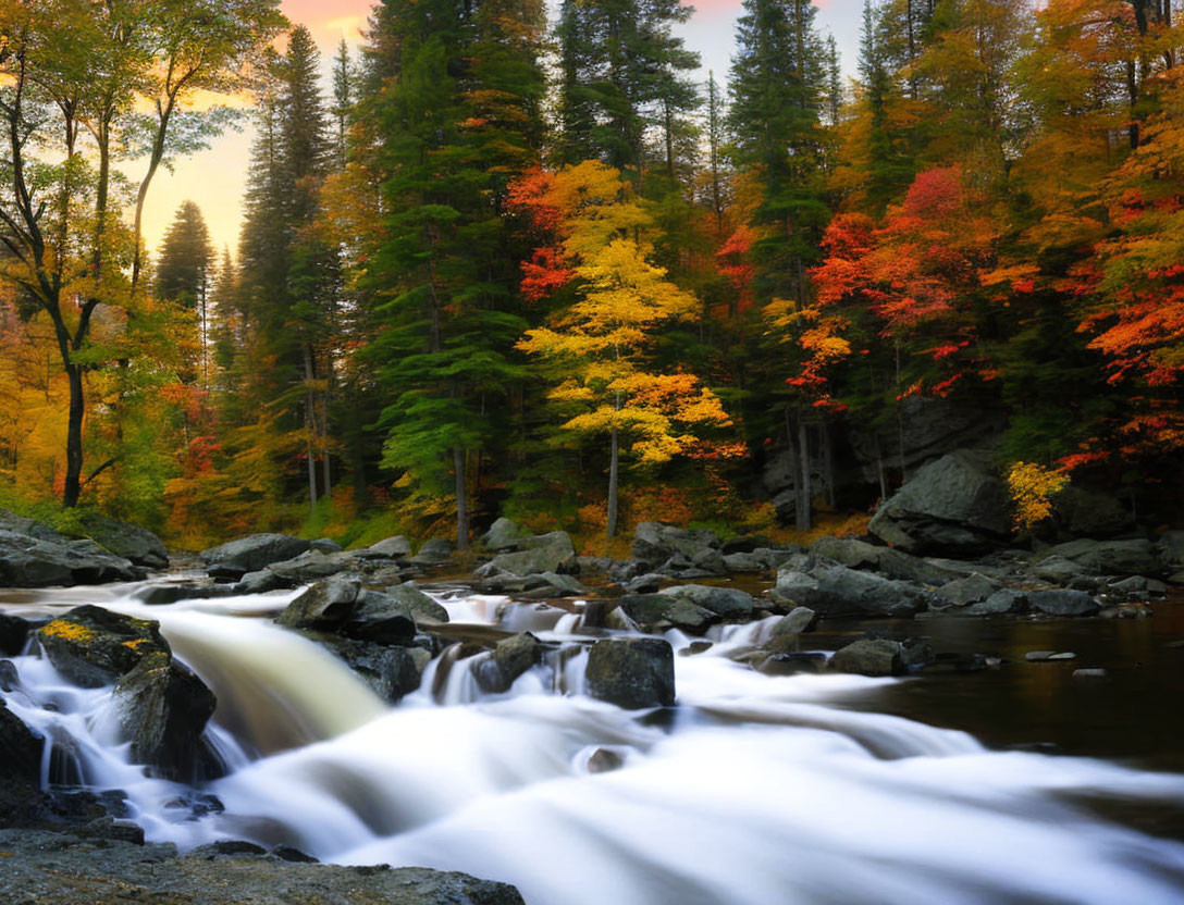 Tranquil waterfall in vibrant autumn forest