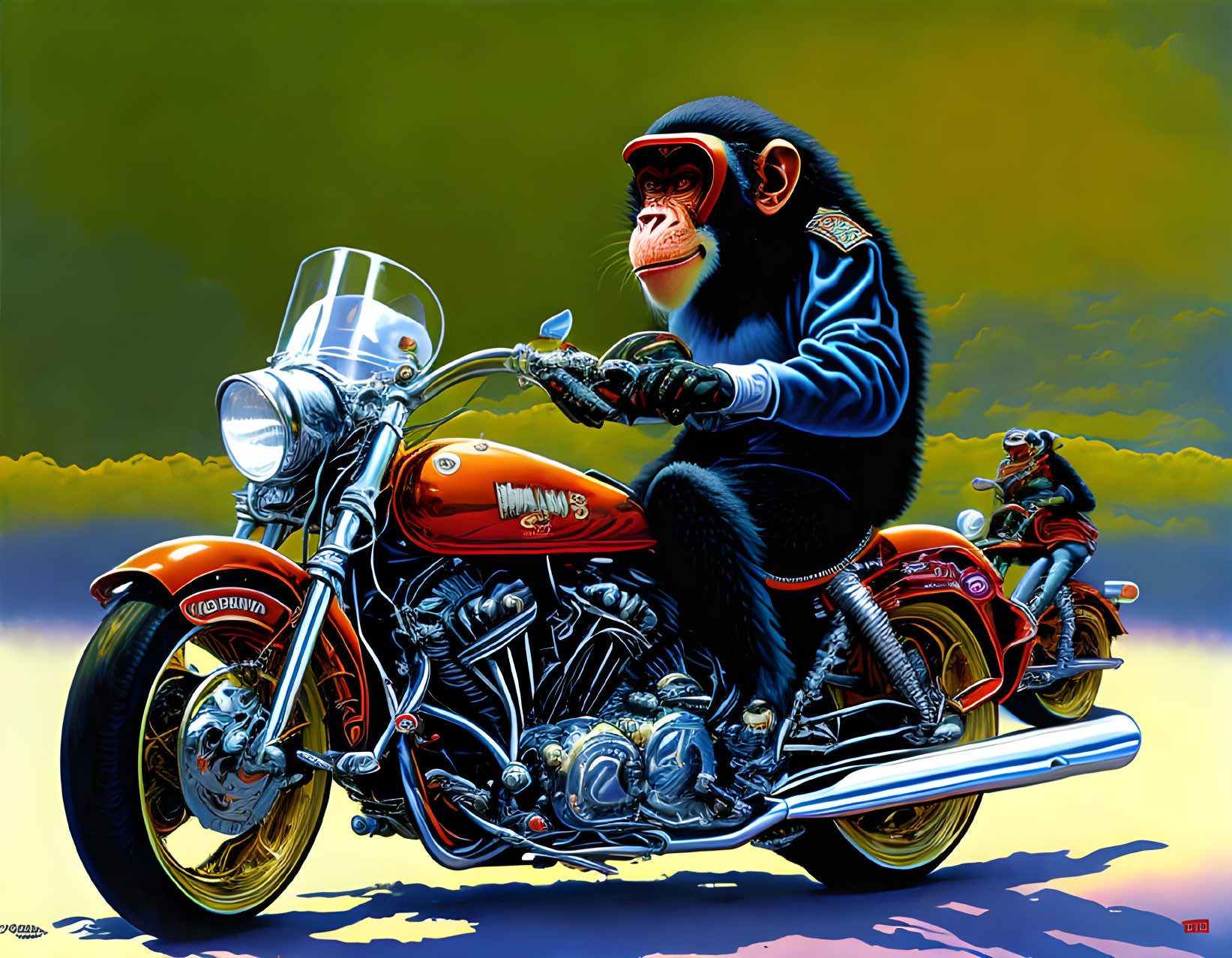 Chimpanzee in leather jacket on orange motorcycle with small chimp