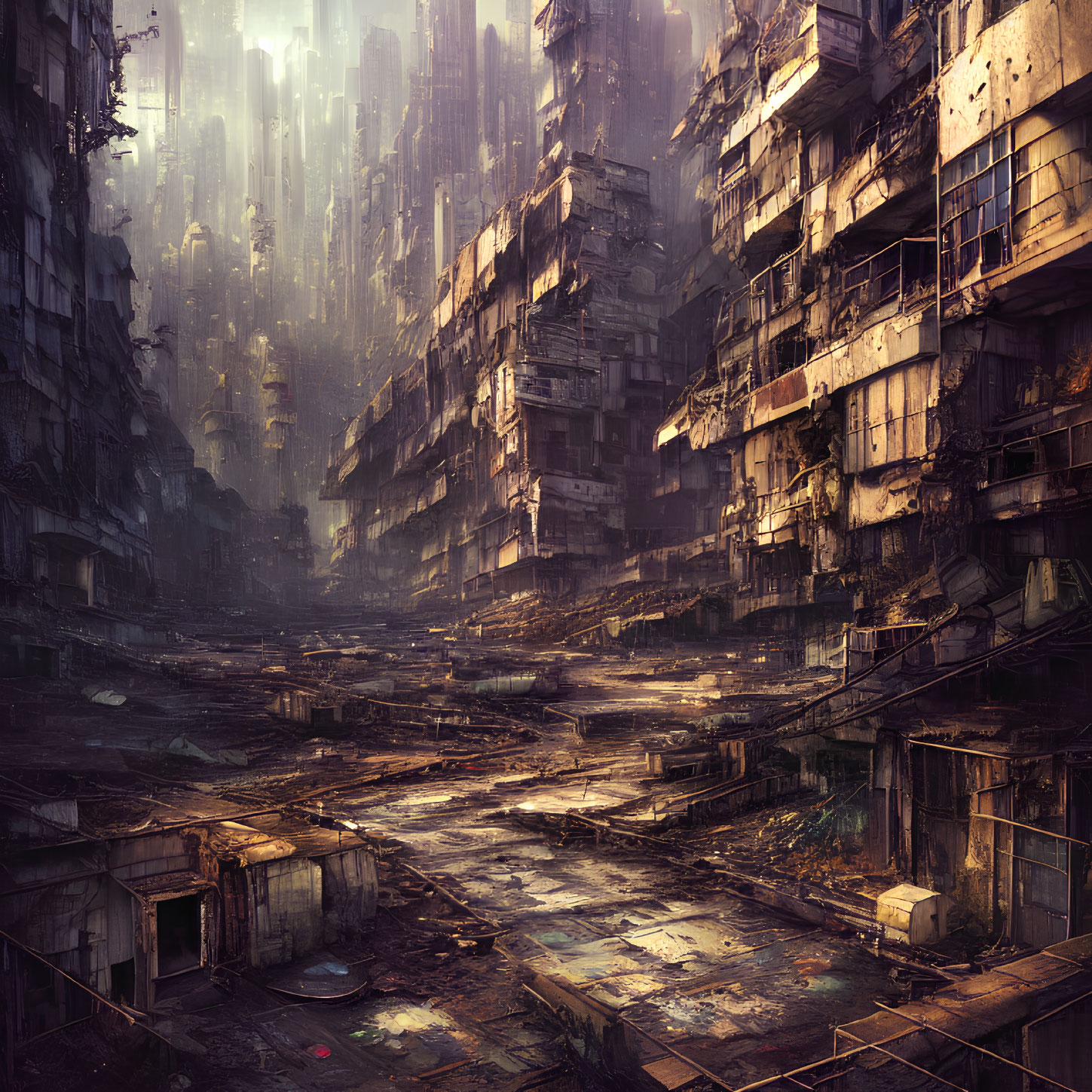 Dystopian cityscape with dilapidated buildings and skyscrapers