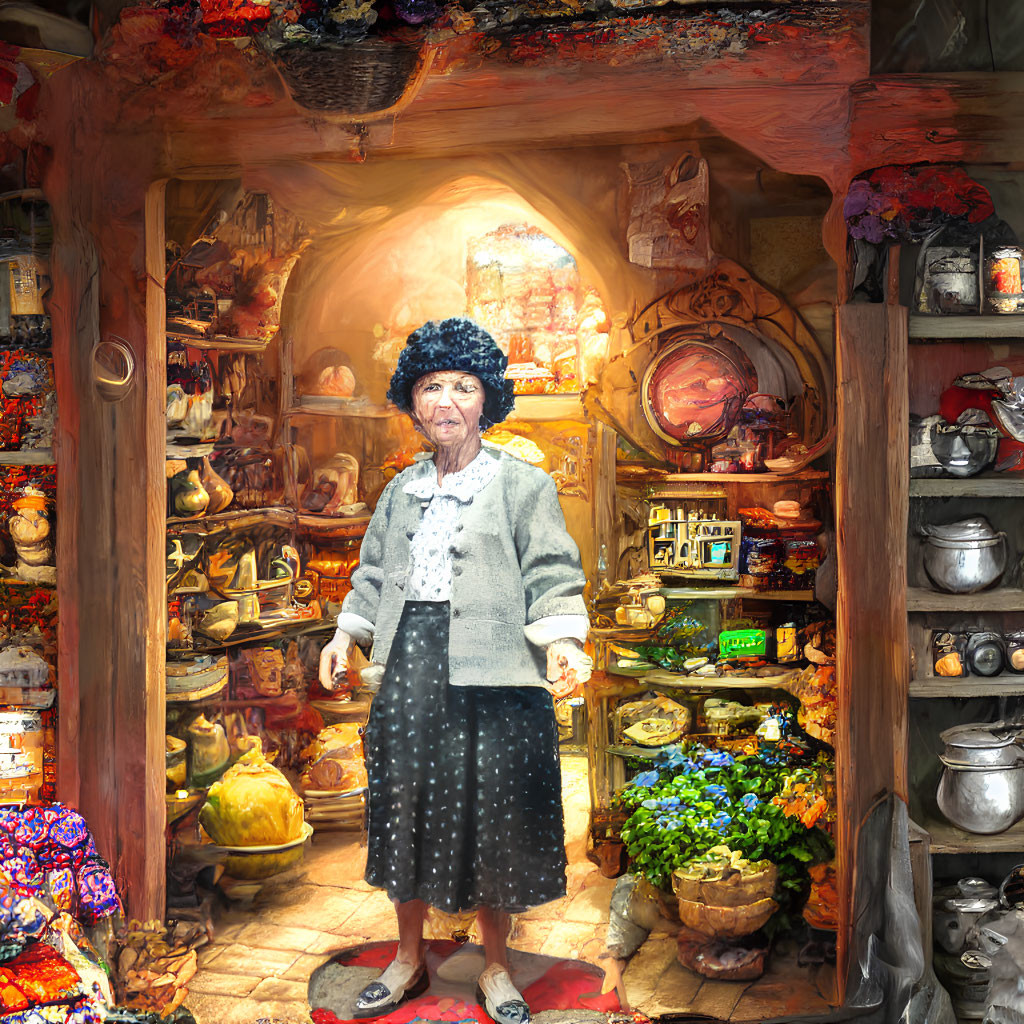 Elderly Woman at Colorful Shop with Cookware and Flowers