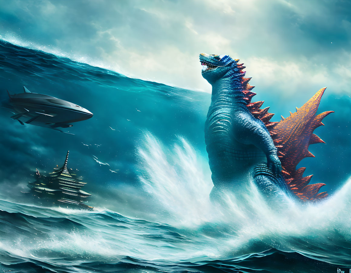 Gigantic Godzilla Emerges from Ocean with Ship and Submarine