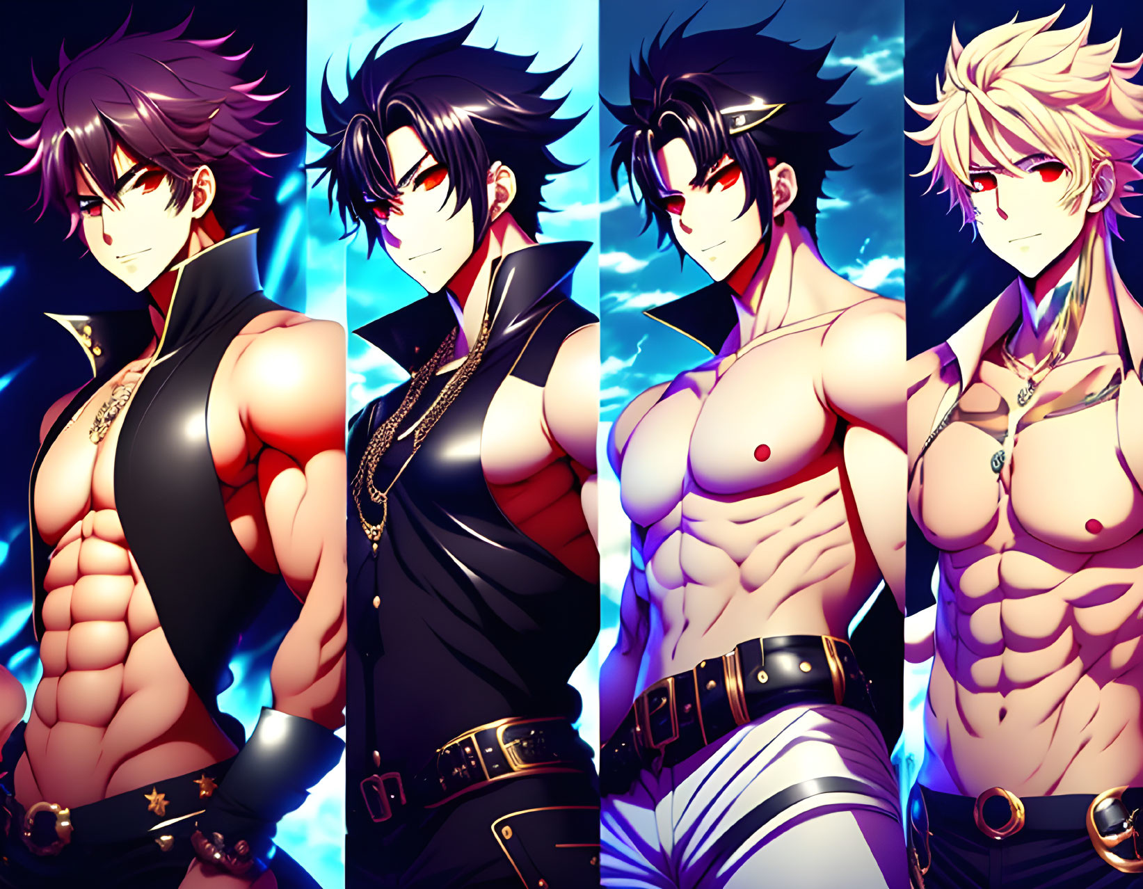 Four Muscular Male Animated Characters with Unique Hairstyles and Outfits Stand Against Colorful Backgrounds