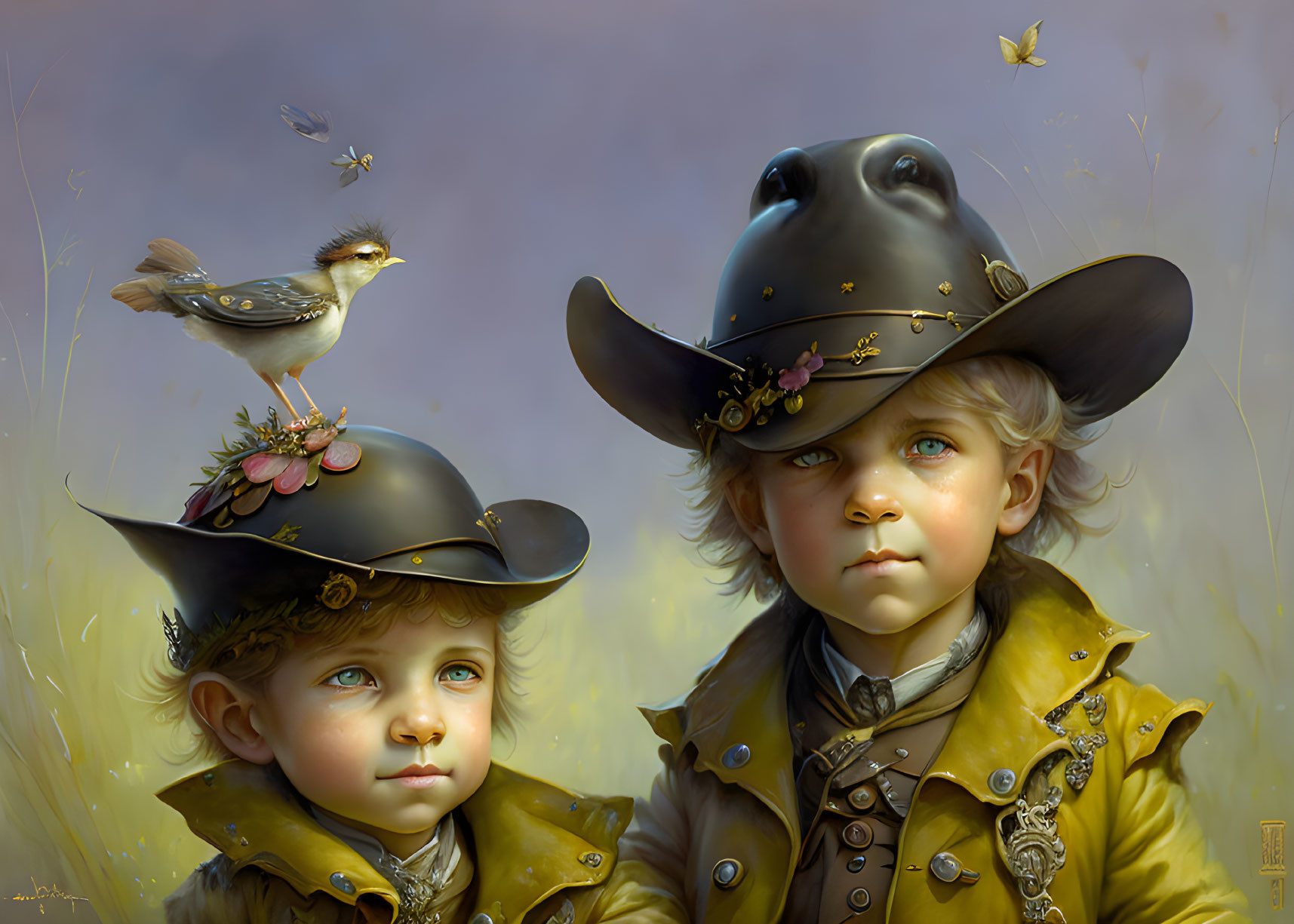 Children in vintage Western attire with cowboy hats, adorned with bird and butterflies.