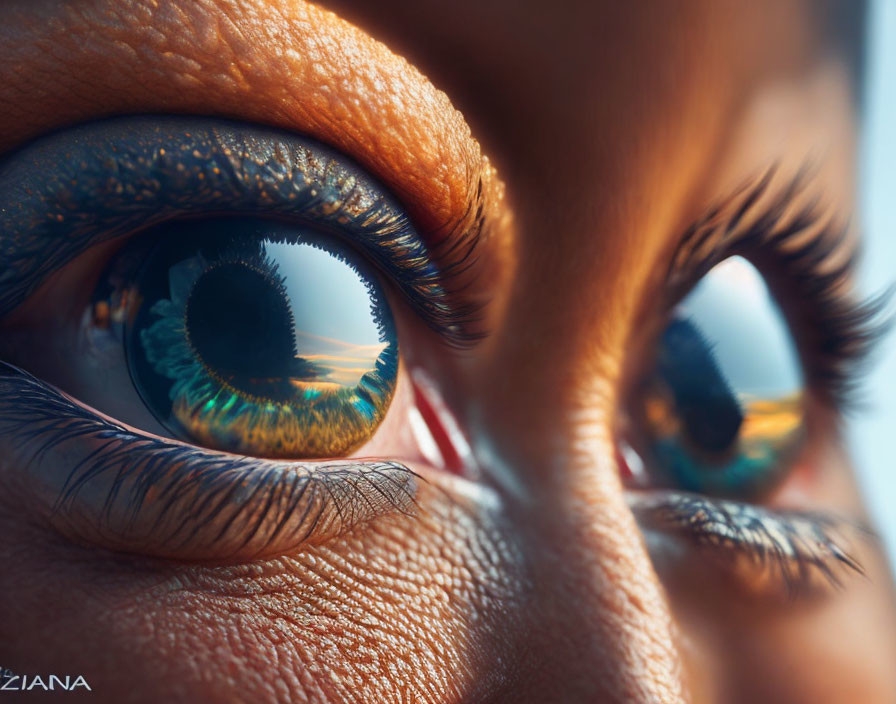 Detailed close-up of person's eyes with landscape reflections.