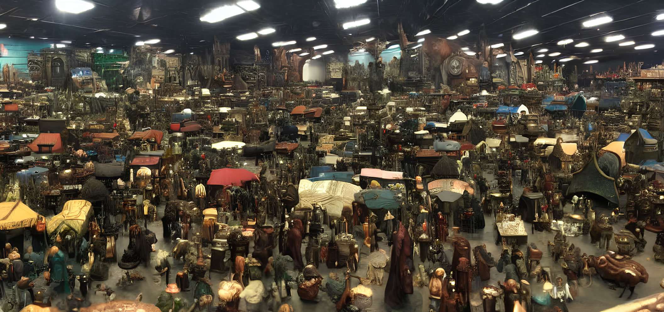 Indoor flea market with vintage furniture, antiques, and collectibles under colorful umbrellas