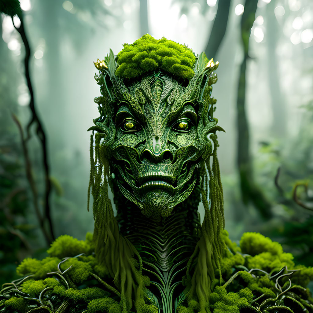 Green forest deity with intricate patterns and glowing eyes in foggy woodland