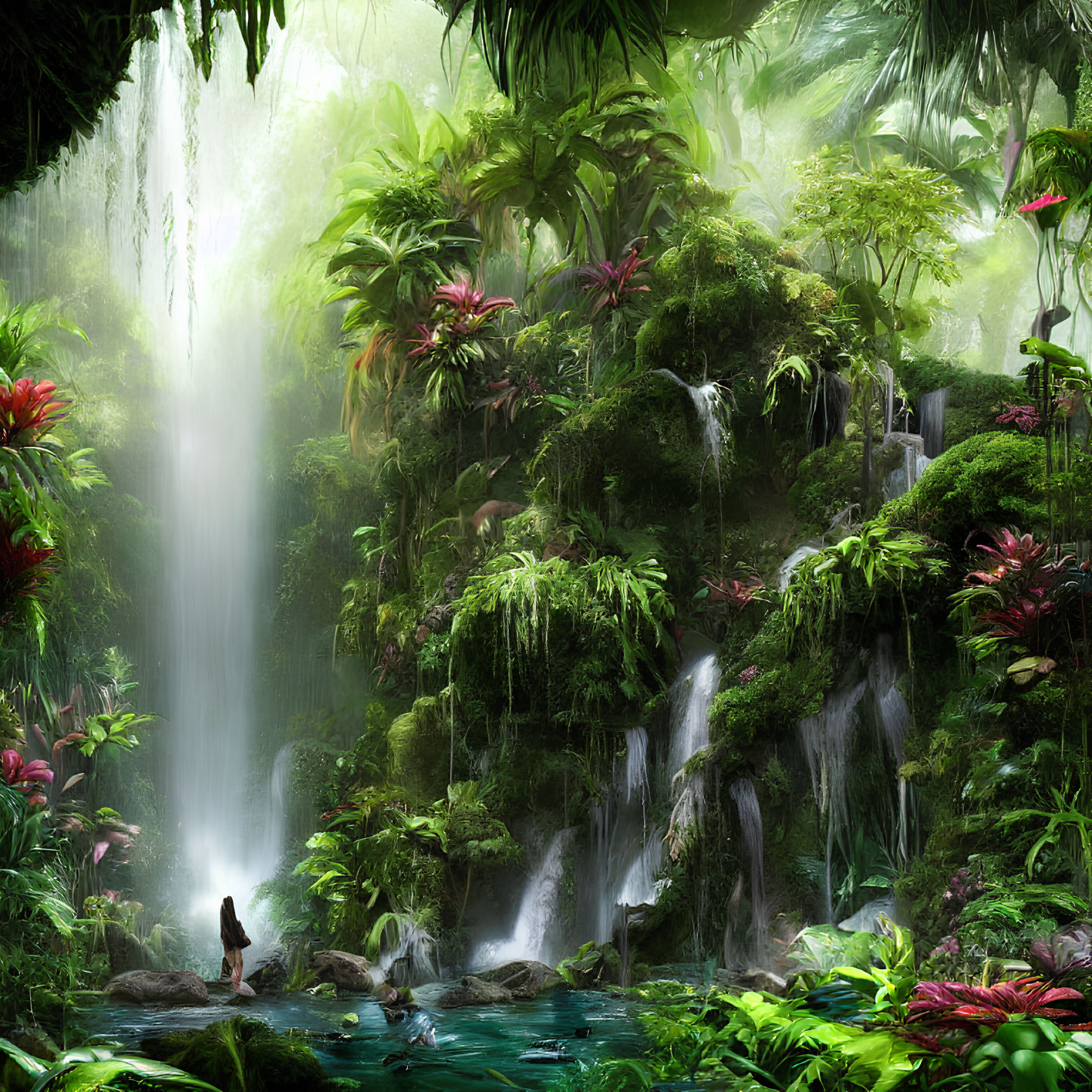 Tropical jungle with waterfalls, lush flora, and sunlight beams
