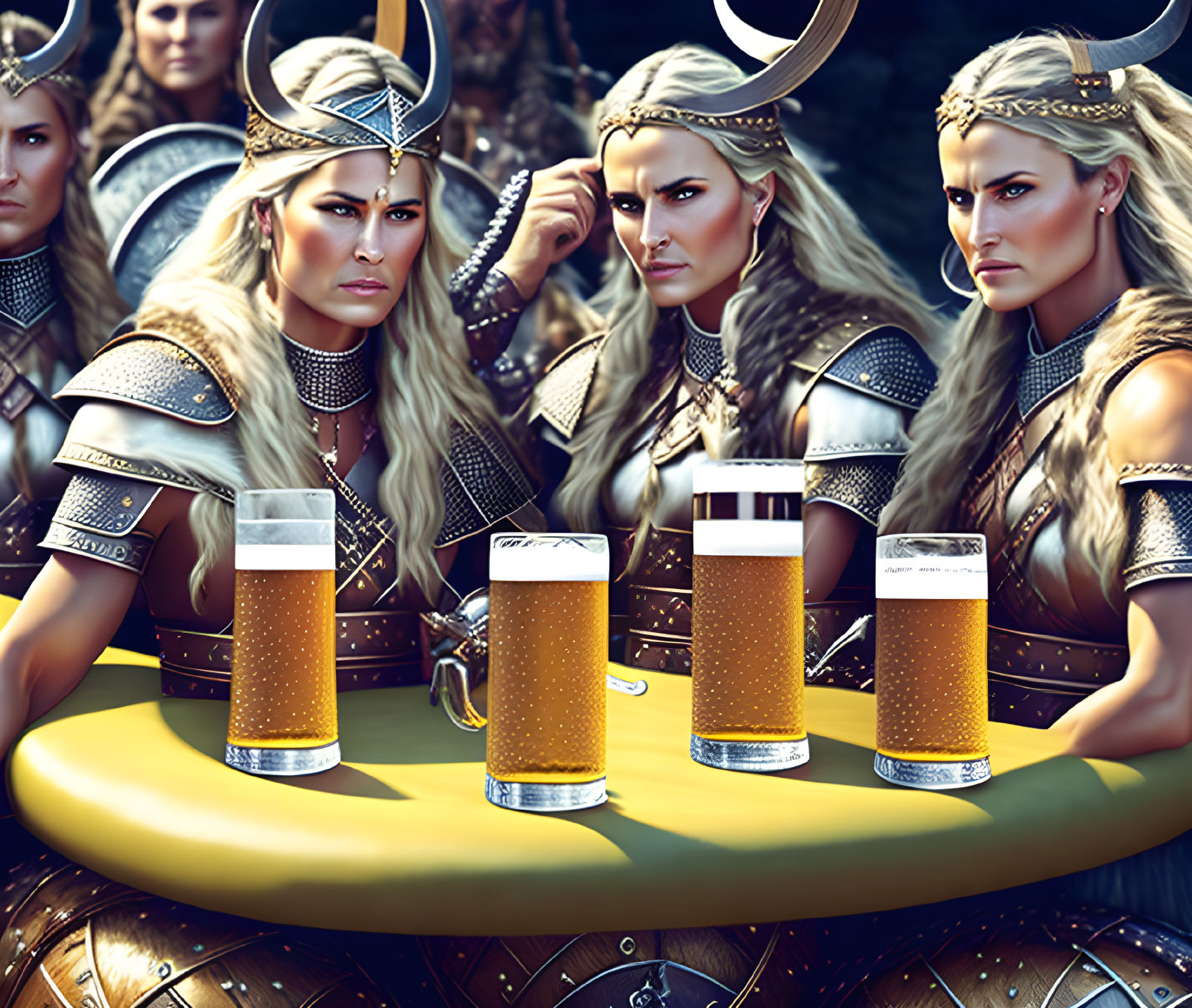 Four fierce female warriors in ornate armor and crowns with pints of beer on a table in