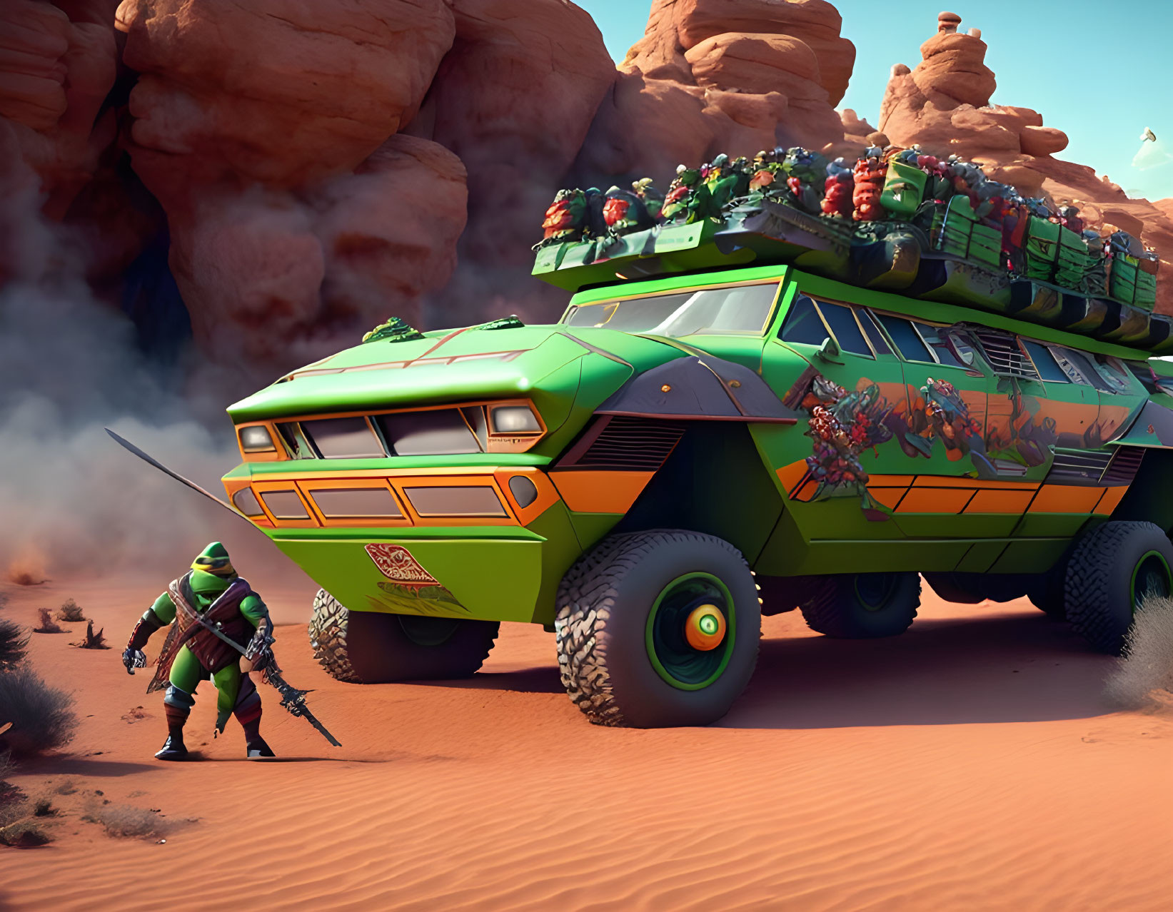 Futuristic green armored vehicle in desert with soldier and red graffiti