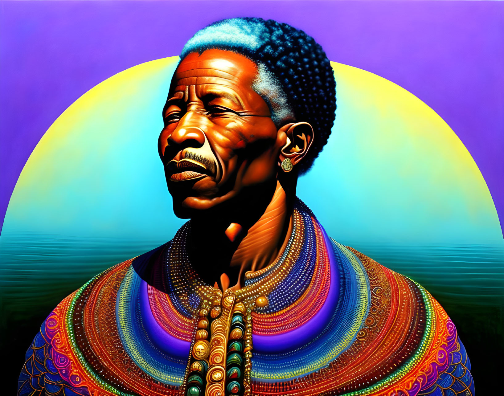 Colorful digital portrait of elder man in patterned garment on yellow and purple backdrop