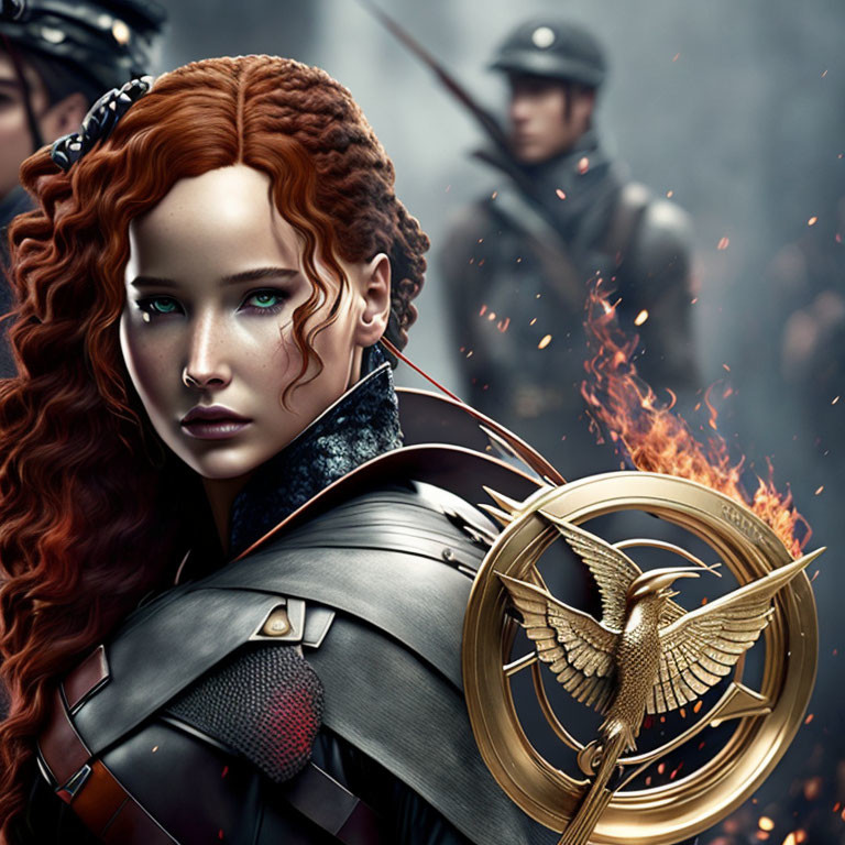 Red-Haired Warrior Woman with Mockingjay Pin in Digital Artwork