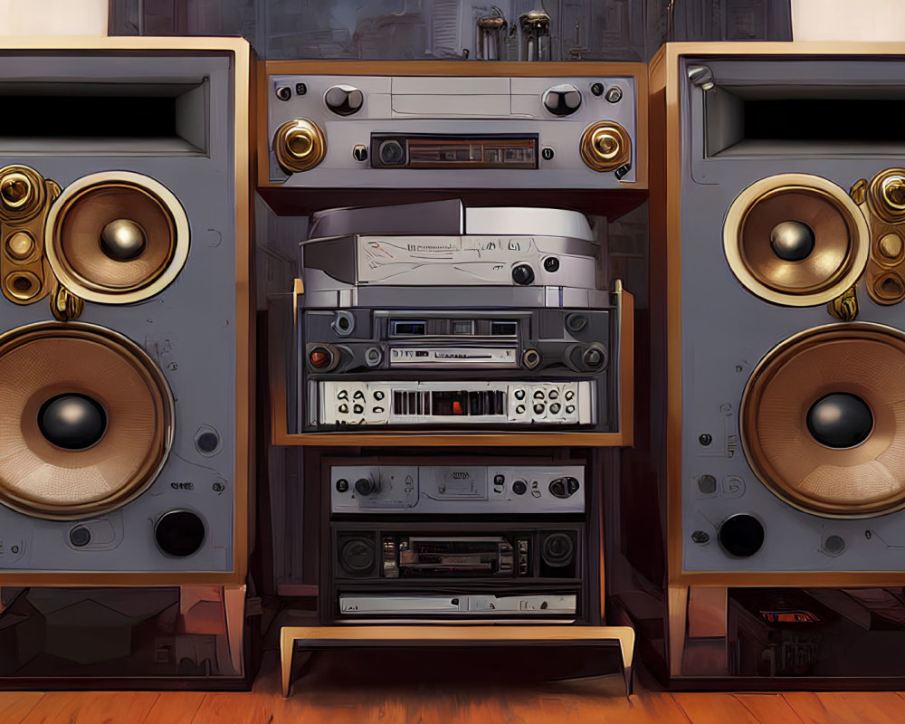 Vintage Audio System with Large Wooden Speakers and Stacked Components