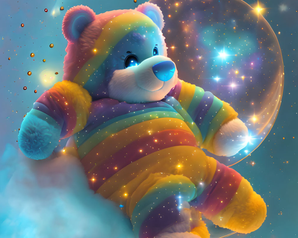 Colorful Teddy Bear in Space Bubble Surrounded by Stars