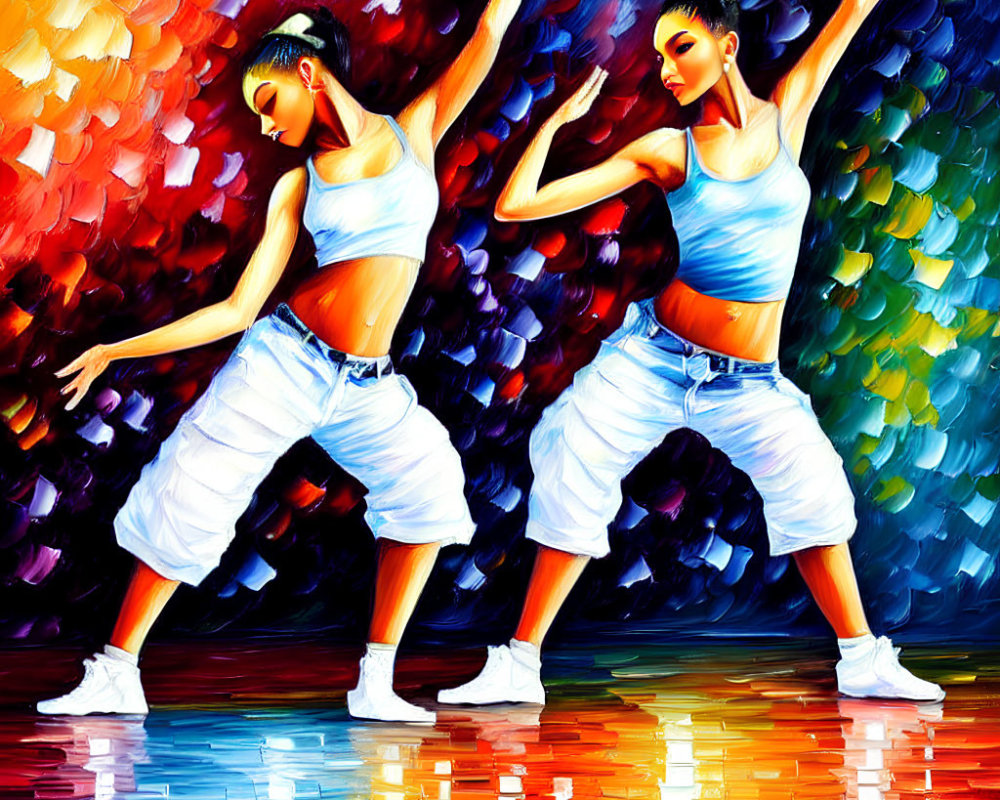 Abstract background with mirrored dancers and vibrant brushstrokes