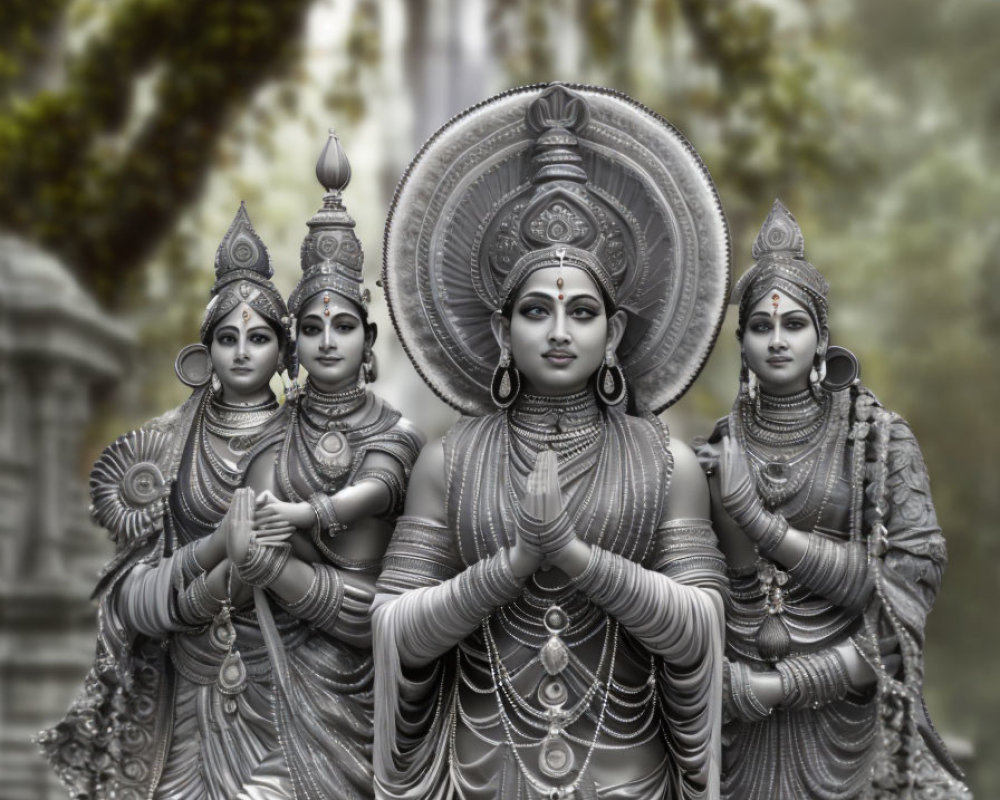 Monochrome image of three intricate Hindu deity statues with elaborate headgear and jewelry.