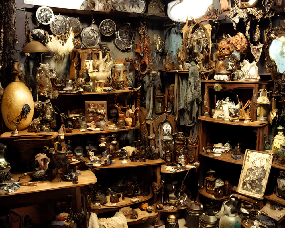 Eclectic antique shop with sculptures, plates, oddities, and artworks in dimly lit cozy setting