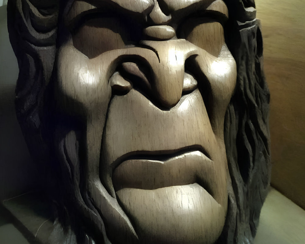 Exaggerated wooden carving of stern humanoid face