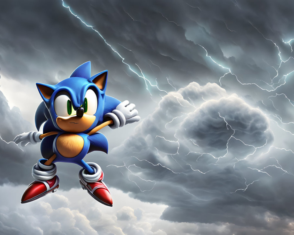 Sonic the Hedgehog 3D illustration leaping in stormy background