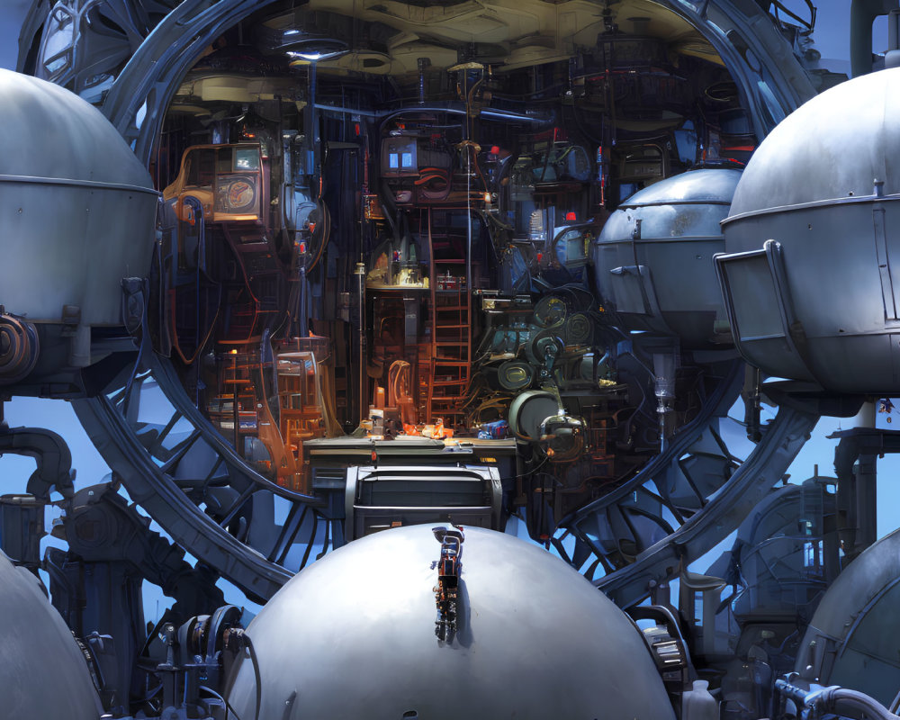 Futuristic interior with spherical modules and lone figure amid high-tech setting