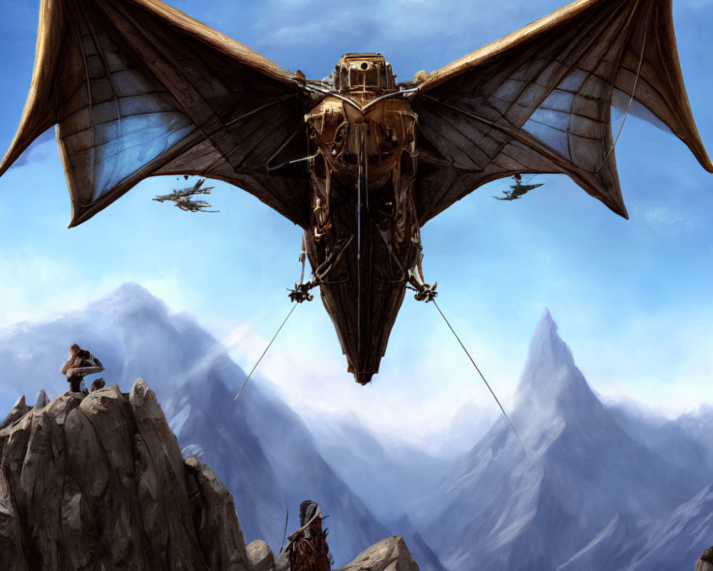 Fantastical flying machine with bat-like wings over mountain peaks