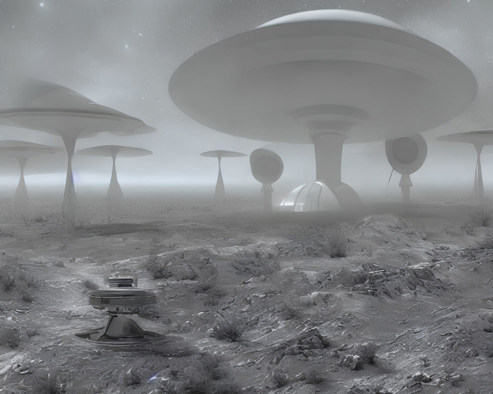 Monochrome surreal alien landscape with mushroom structures and UFO in misty, starry setting