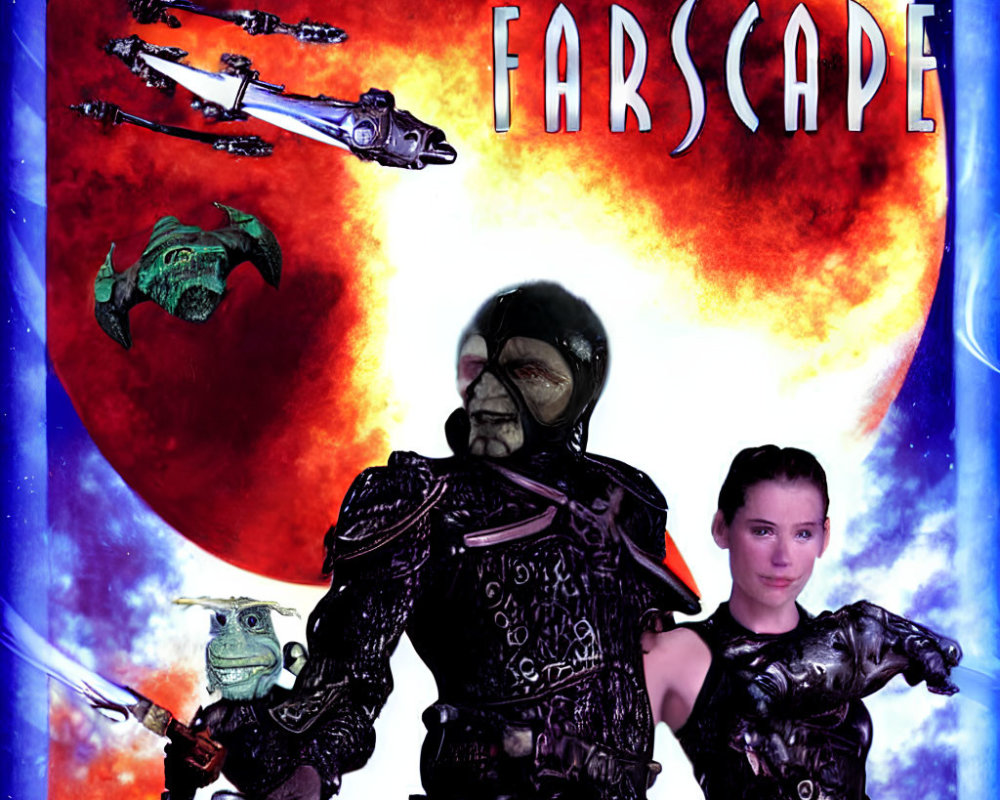 Sci-fi characters in futuristic costumes with spacecrafts and fiery planet.