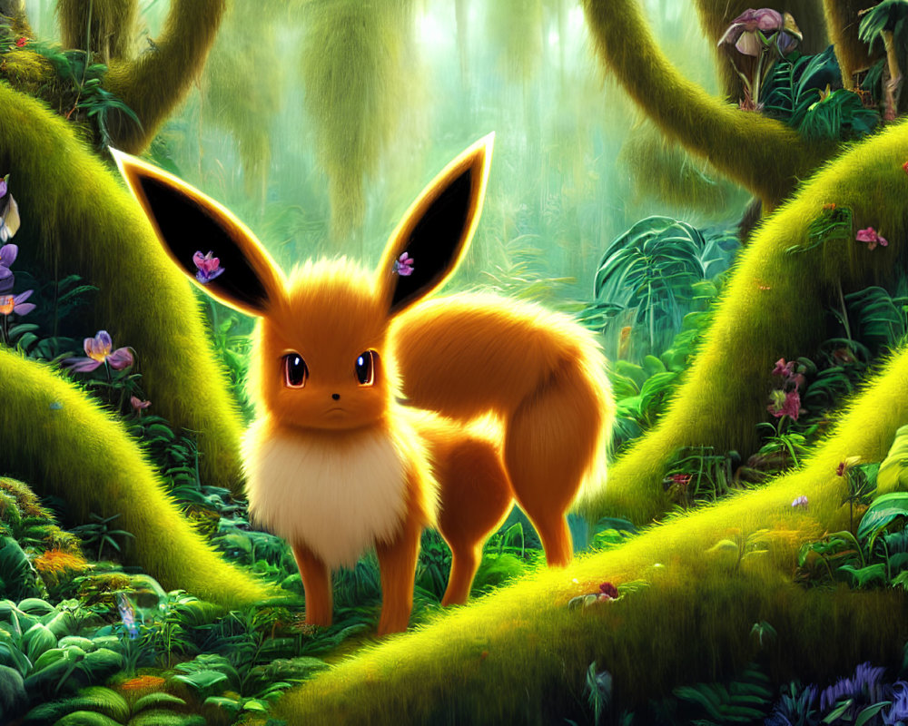 Illustration of Eevee in vibrant forest with sunrays.