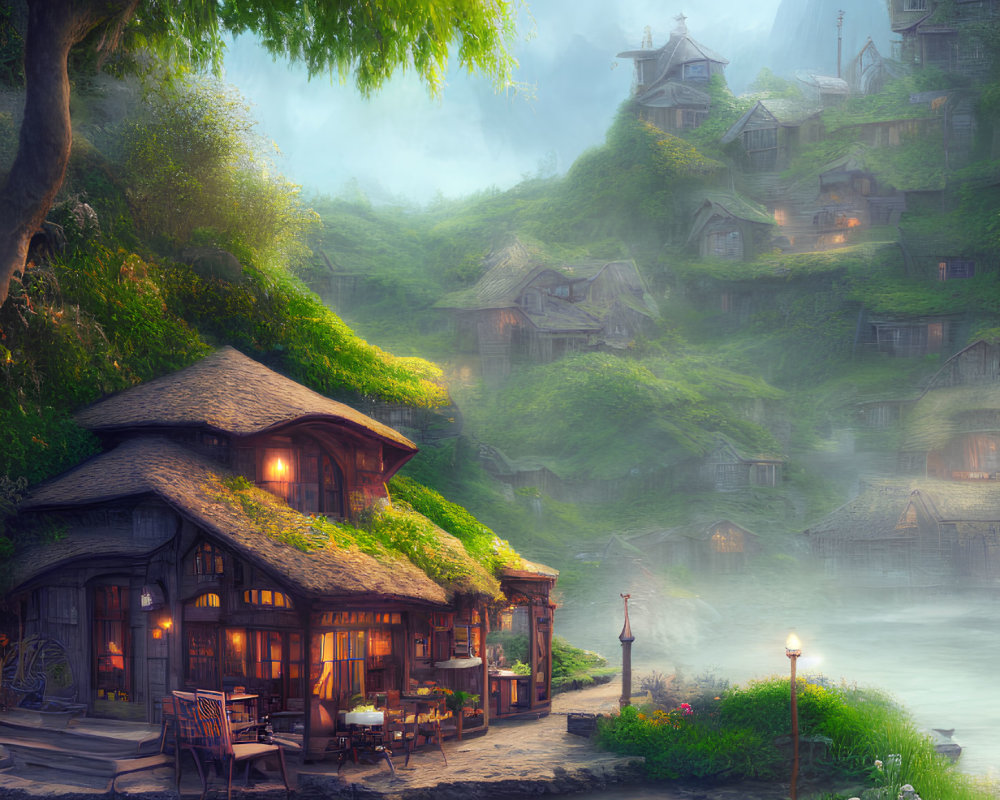 Thatched-Roof Village in Foggy Green Landscape