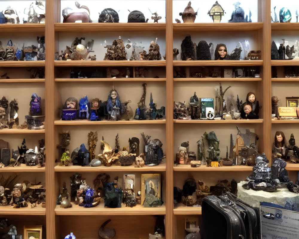 Ornate figurines of dragons, wizards, and castles on wooden shelves with black suitcase