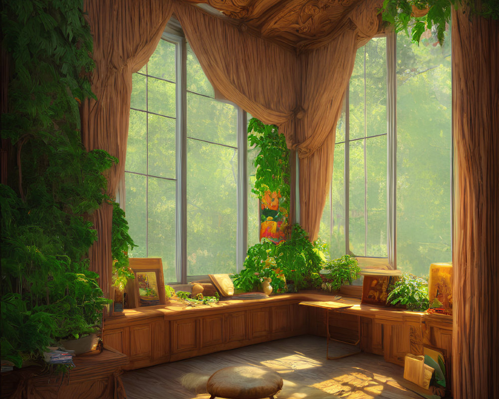 Sunlit room with large windows, houseplants, wooden bench, and draped curtains.