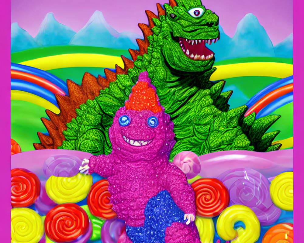 Vibrant illustration of pink creature, green dinosaur, candy scenery