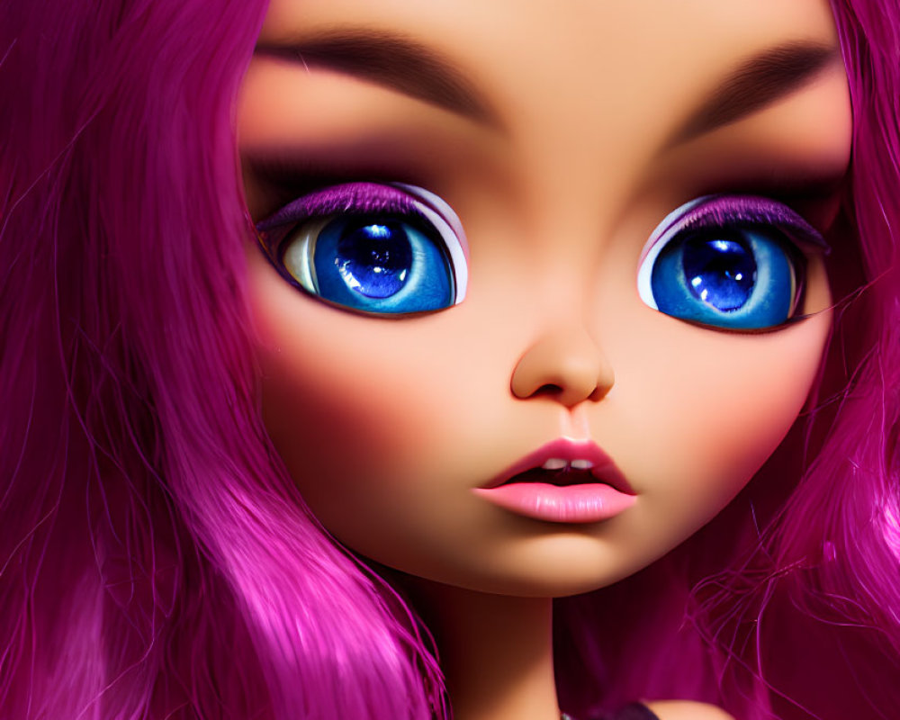 Close-up of doll with purple hair, blue eyes, and colorful necklace